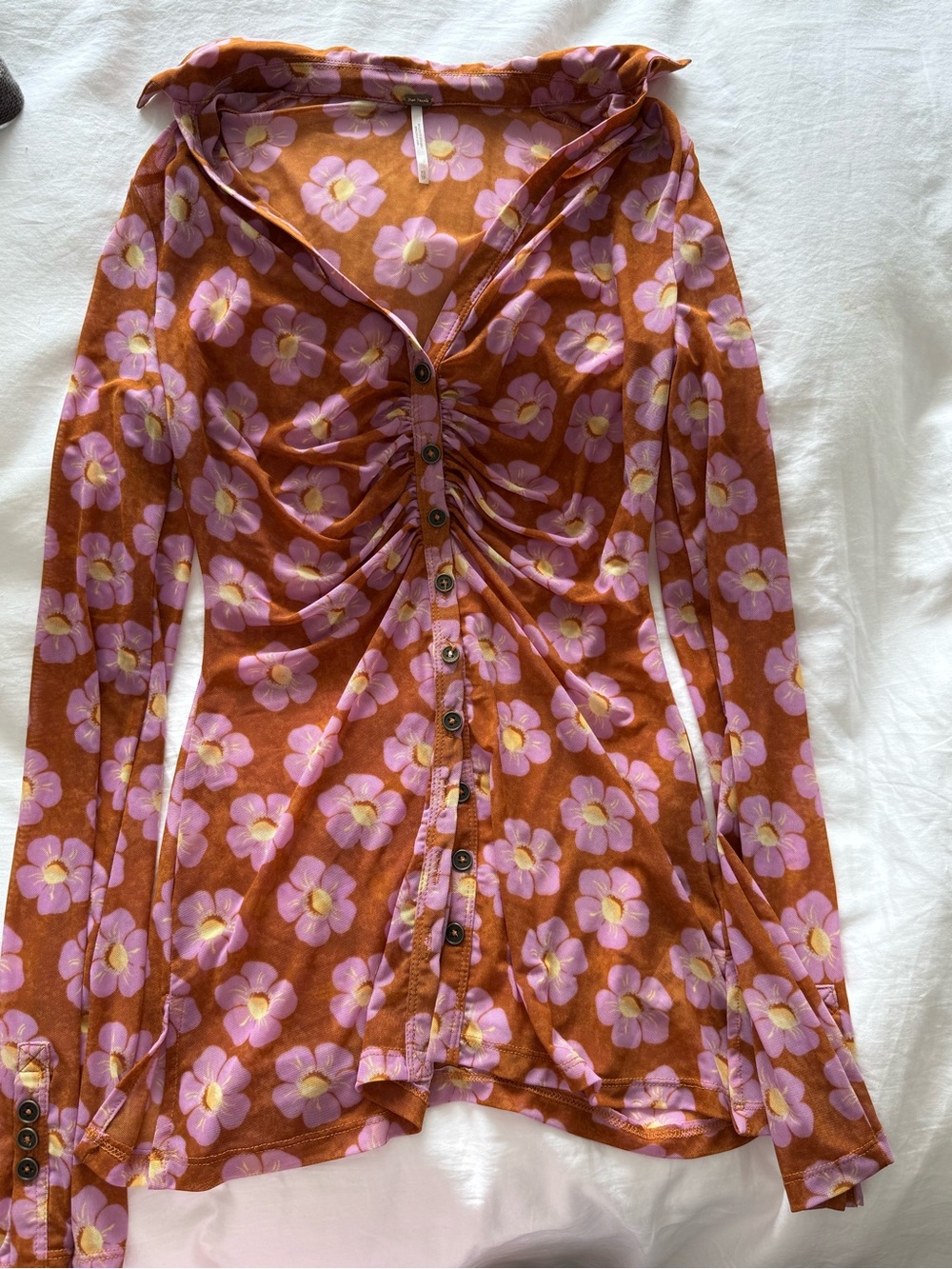 Women's Floral Ruched Button-Front Top - Brown/Pink